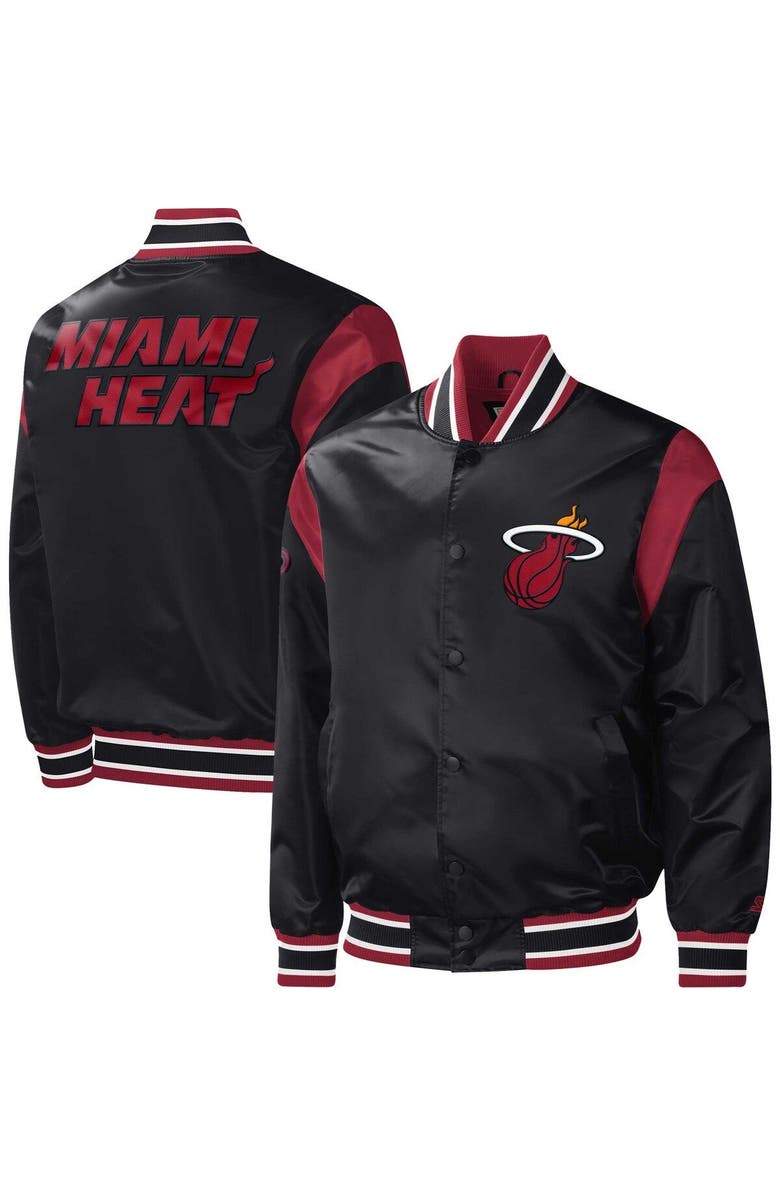 STARTER Men's Starter Black Miami Heat Force Play Satin Full-Snap Varsity Jacket, Alternate, color, 