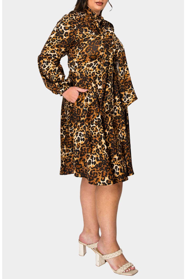 Zayleigh Leopard Print Tie Neck Long Sleeve Dress, Alternate, color, TAUPE