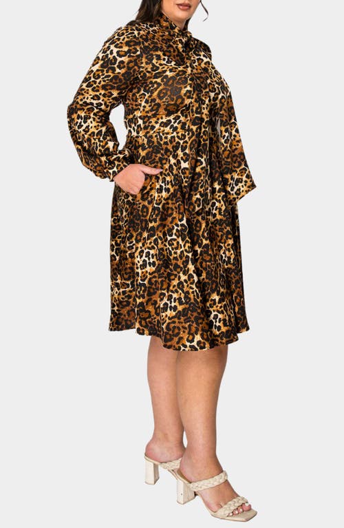 L I V D Zayleigh Leopard Print Tie Neck Long Sleeve Dress In Taupe