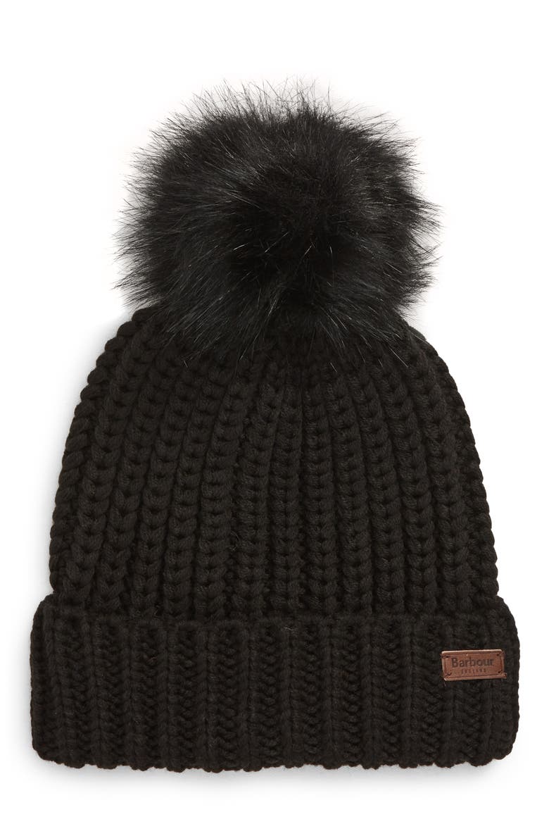 Saltburn Knit Beanie with Faux Fur Pom, Main, color, BLACK