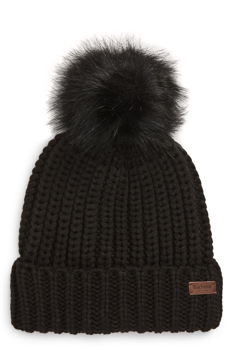 Barbour Saltburn Knit Beanie with Faux Fur Pom, Main, color, Black