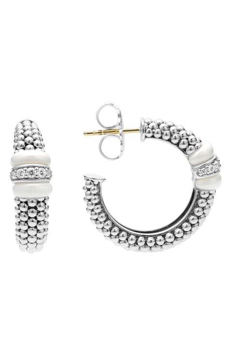 White Caviar Diamond Hoop Earrings