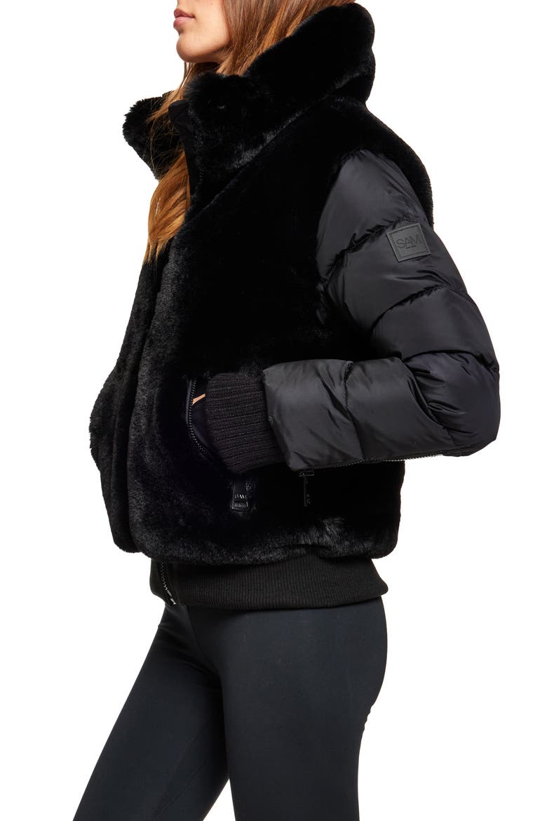 Carlie Faux Fur Quilted Down Puffer Jacket, Alternate, color, BLACK/ BLACK