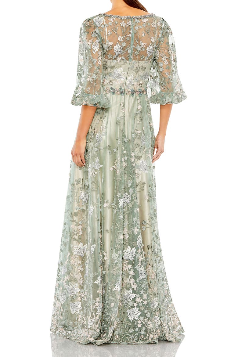 Embroidered High Neck A-Line Gown With 3/4 Puff Sleeves, Alternate, color, Pastel Multi