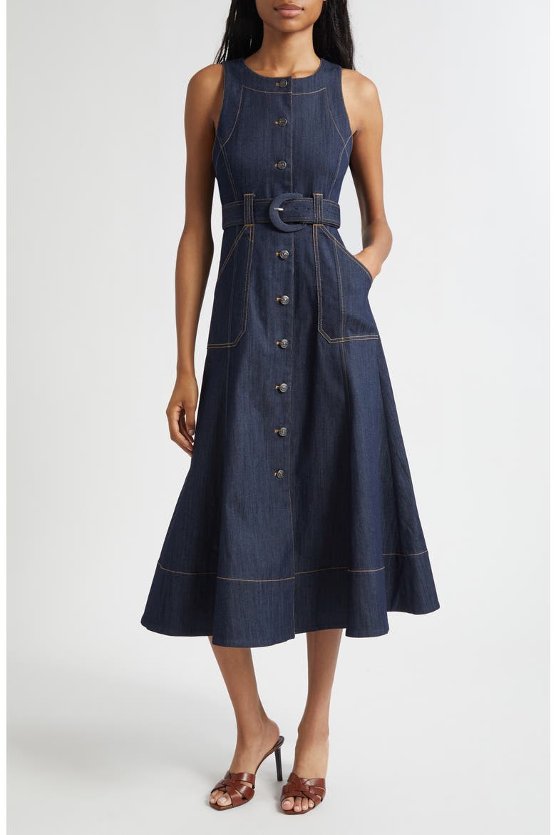 cinq a sept vega denim midi dress Cinq a Sept Vega Sleeveless Belted Denim Midi Dress