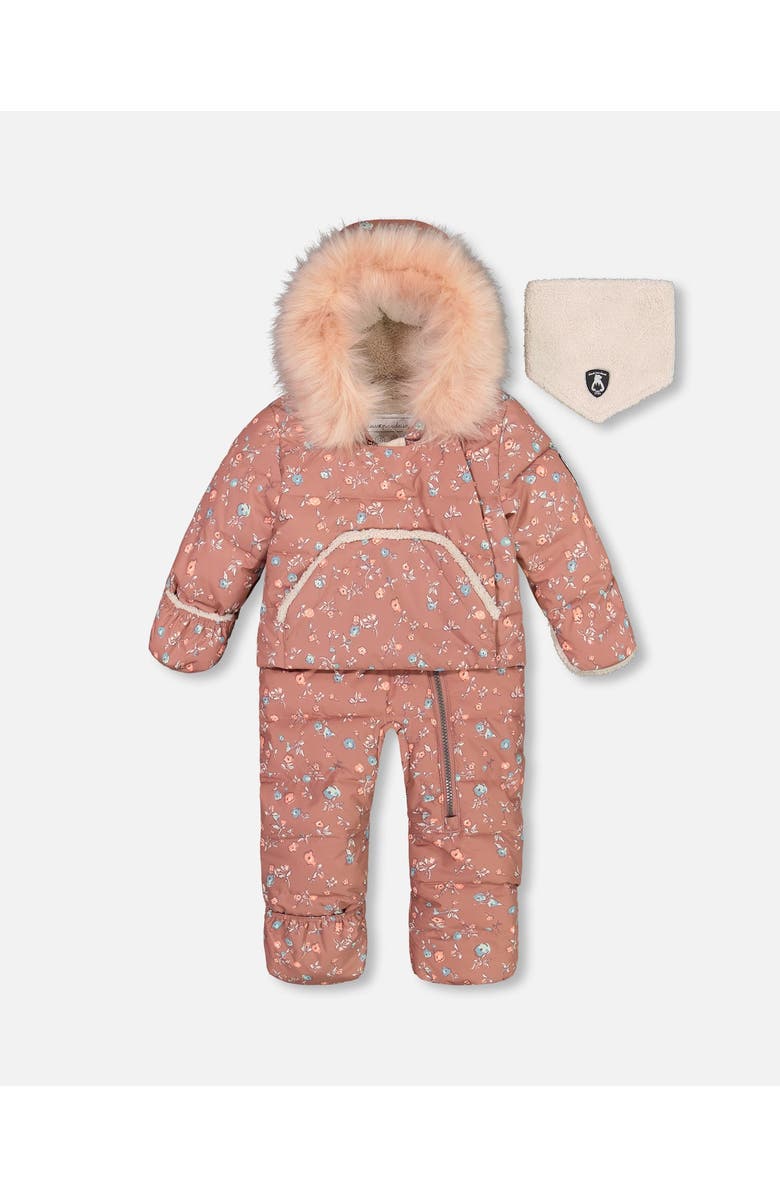 Deux par Deux Baby Girl's One Piece Baby Hooded Snowsuit Printed Vintage Flowers Designed For Car Seat, Main, color, 