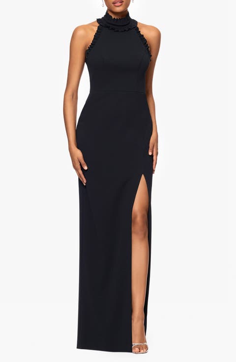 Ruffle Trim Mock Neck Evening Gown