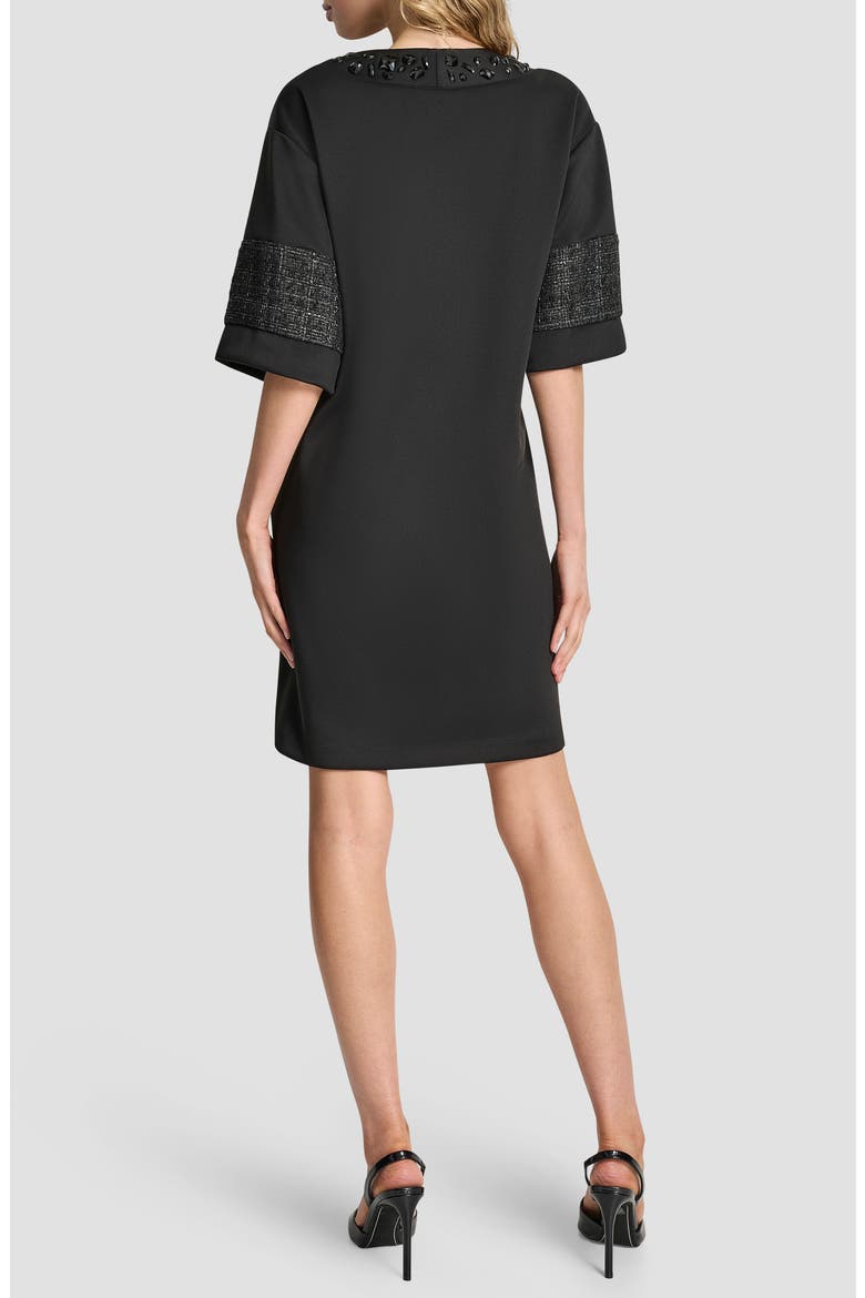 Embellished Neck Mixed Media Shift Dress, Alternate, color, BLACK