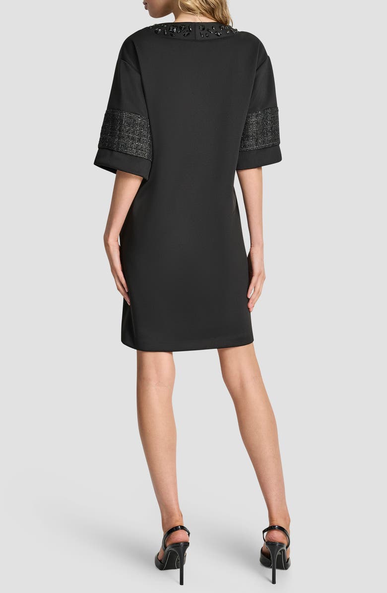 DKNY Embellished Neck Mixed Media Shift Dress, Alternate, color, Black