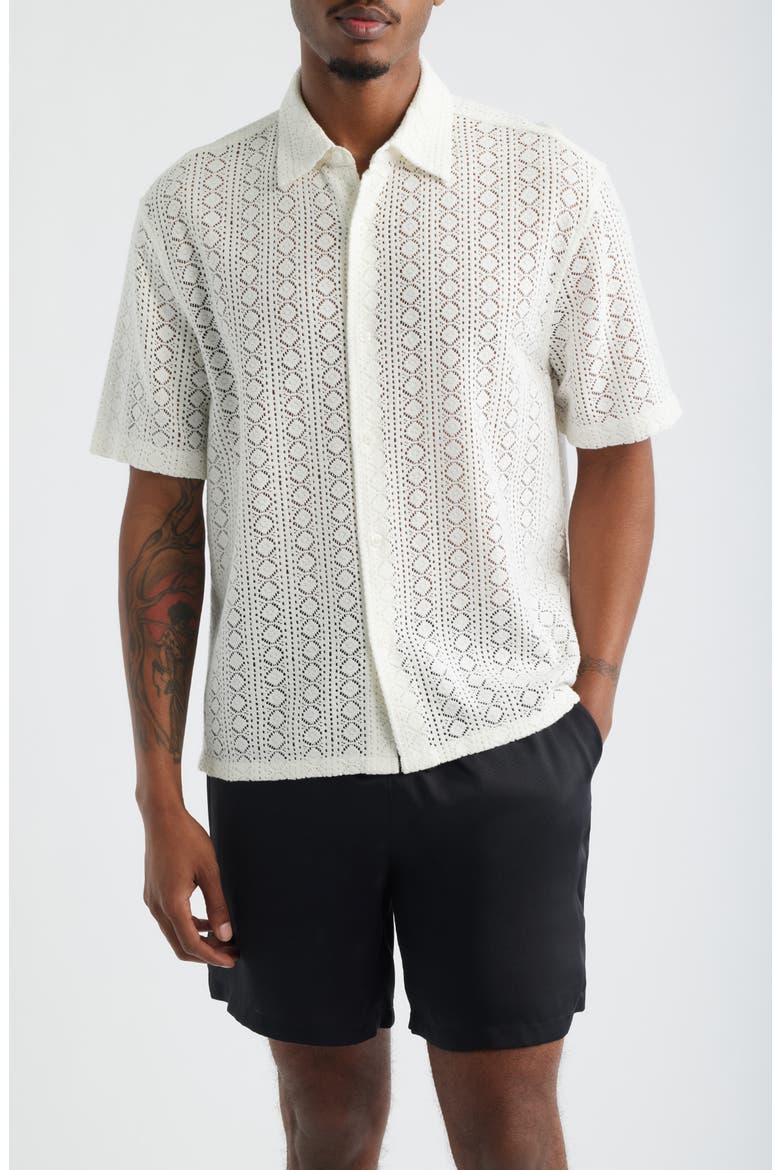 Boxy Lace Short Sleeve Button-Up Shirt, Main, color, IVORY EGRET