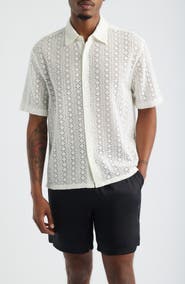 Open Edit Boxy Lace Short Sleeve Button-Up Shirt