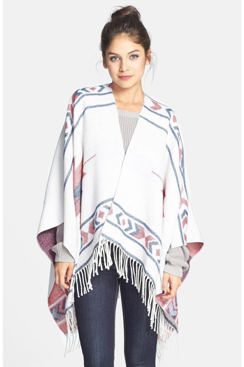 Print Tassel Trim Poncho, Main, color, SOUTHWESTERN