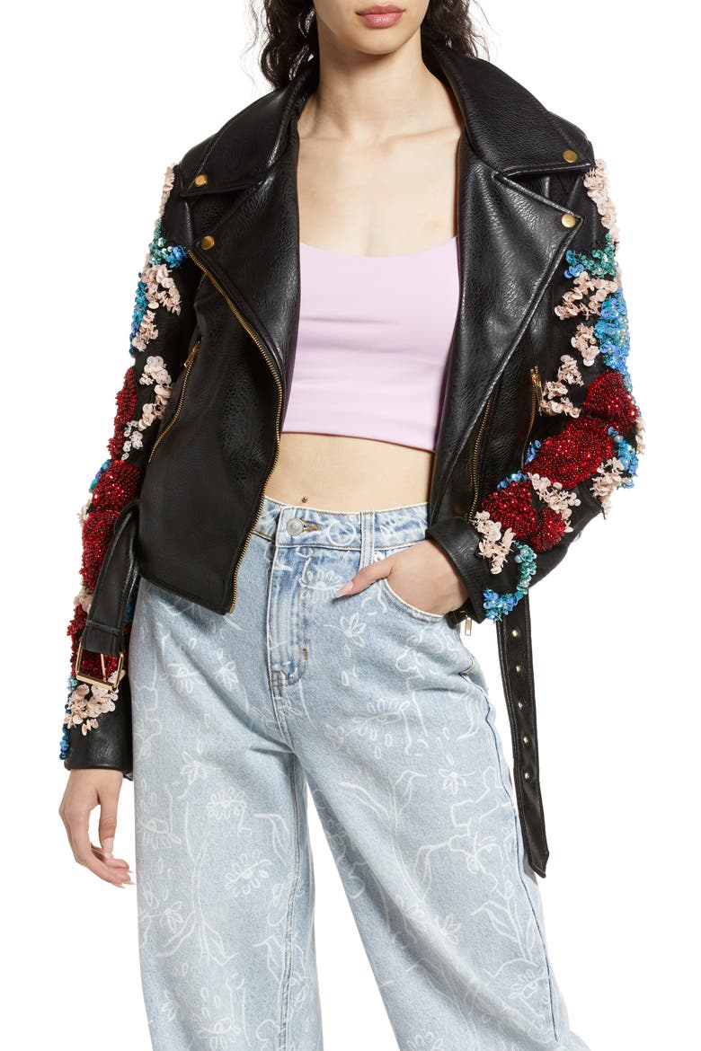 Embellished Floral Belted Faux Leather Moto Jacket, Main, color, BLACK