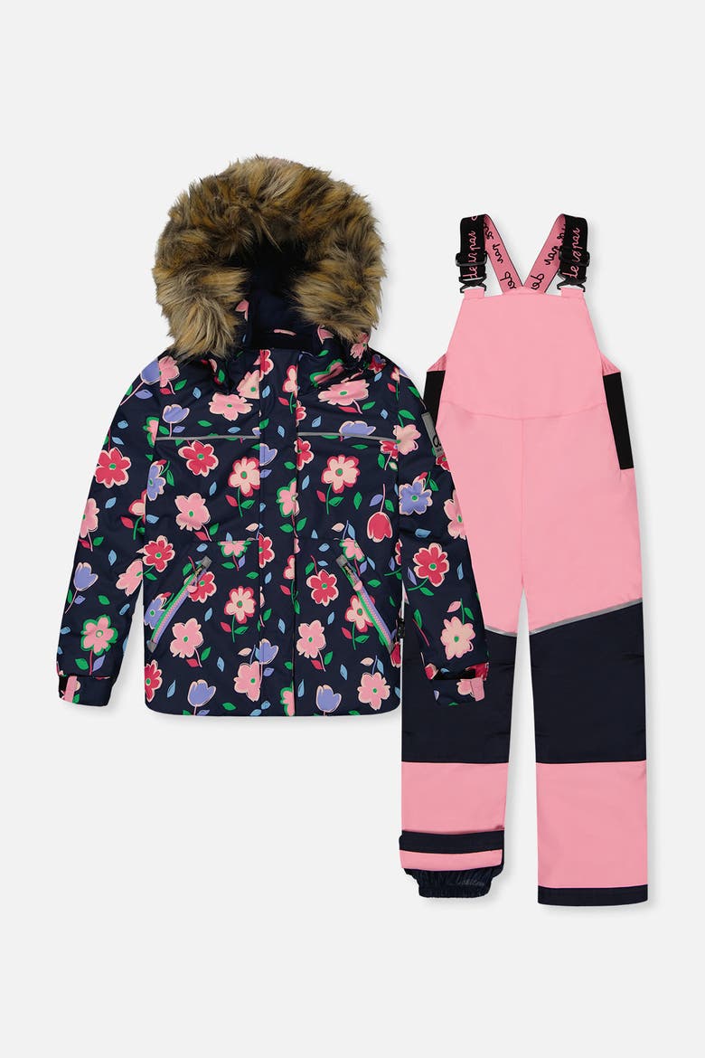 Discover Floral Faux Fur Hood Jacket & Suspender Pants Two Piece Snowsuit, Main, color, Blue Floral Print
