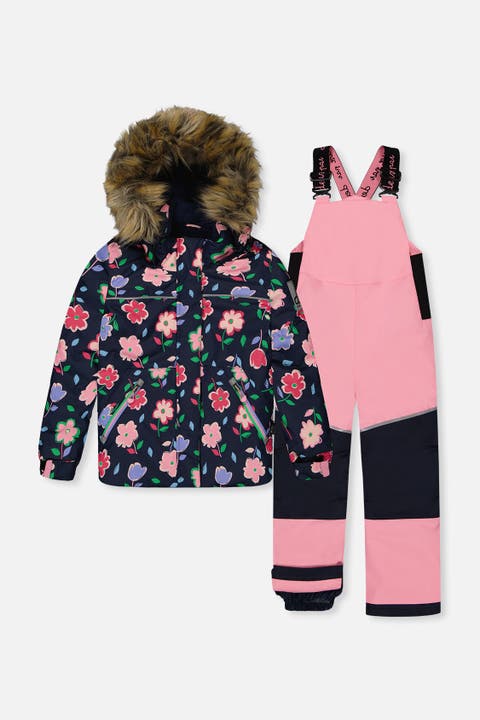 Discover Floral Faux Fur Hood Jacket & Suspender Pants Two Piece Snowsuit