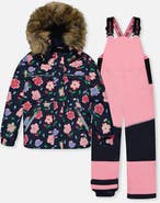 Deux par Deux Discover Floral Faux Fur Hood Jacket & Suspender Pants Two Piece Snowsuit