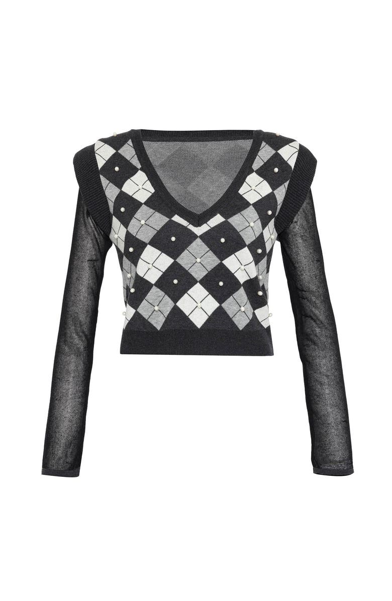 THEO The Label Nomia Plaid Pearly V-neck Sweater, Main, color, Grey/Silver