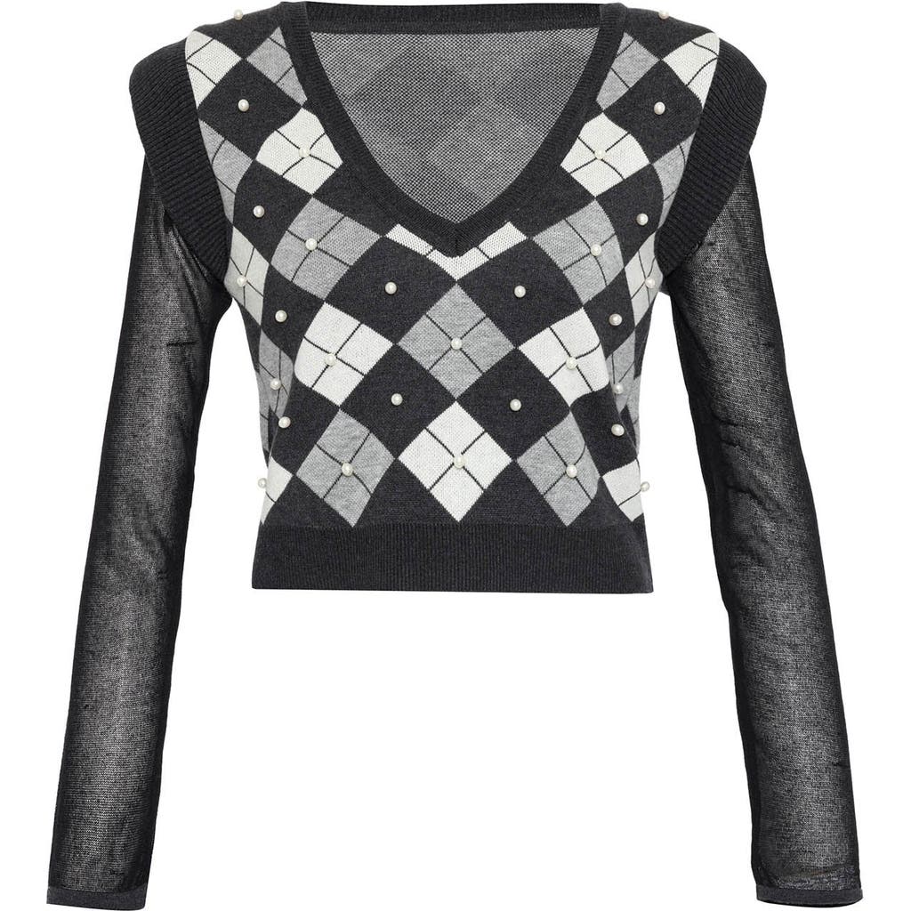 Theo The Label Women's Black / Grey Nomia Plaid Pearly V-neck Sweater In Grey/silver