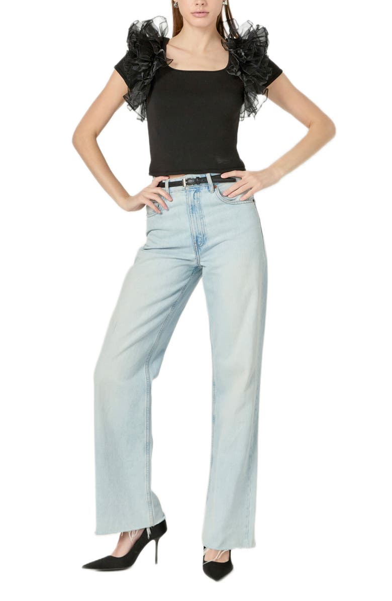 English Factory Organza Trim Top, Alternate, color, Black