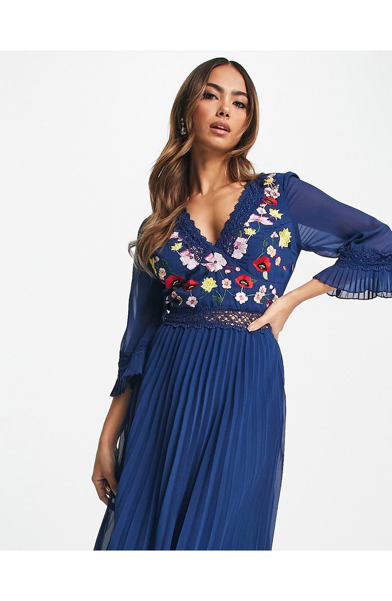 ASOS DESIGN Floral Embroidered Pleated Midi Dress, Alternate, color, 