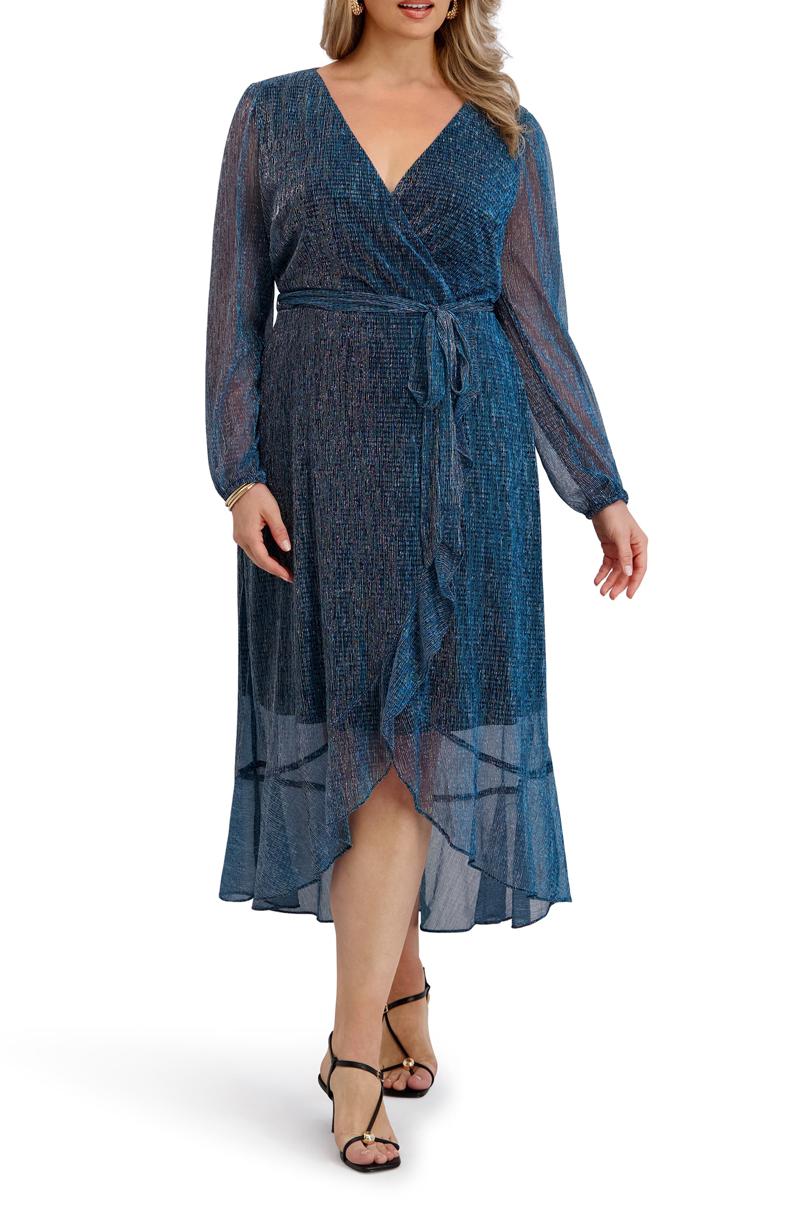 Ruffled Metallic Long Sleeve High-Low Maxi Dress