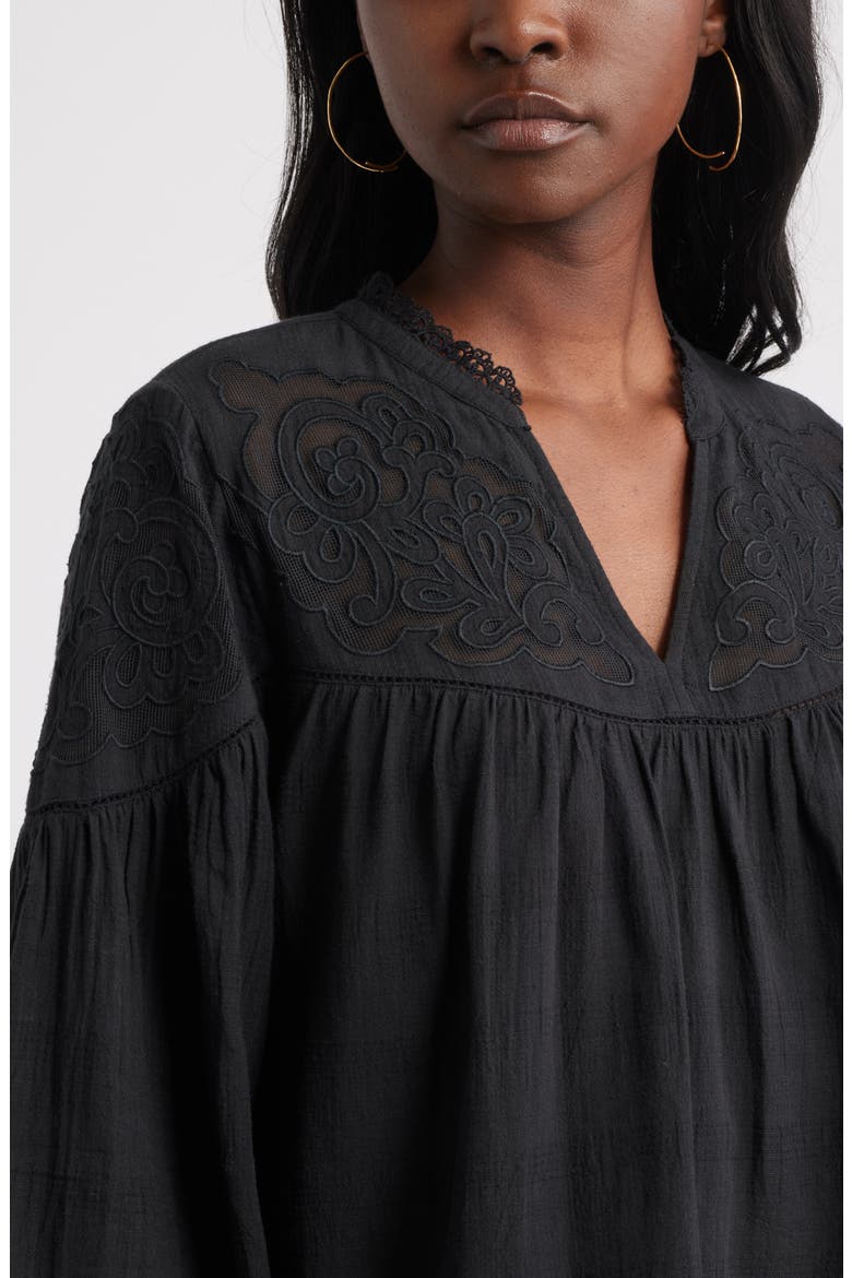 Appliqué Yoke Balloon Sleeve Cotton Top, Alternate, color, BLACK