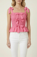 Modenaire Smocked Peplum Top with Bow Tie Straps and Ruffle Hem