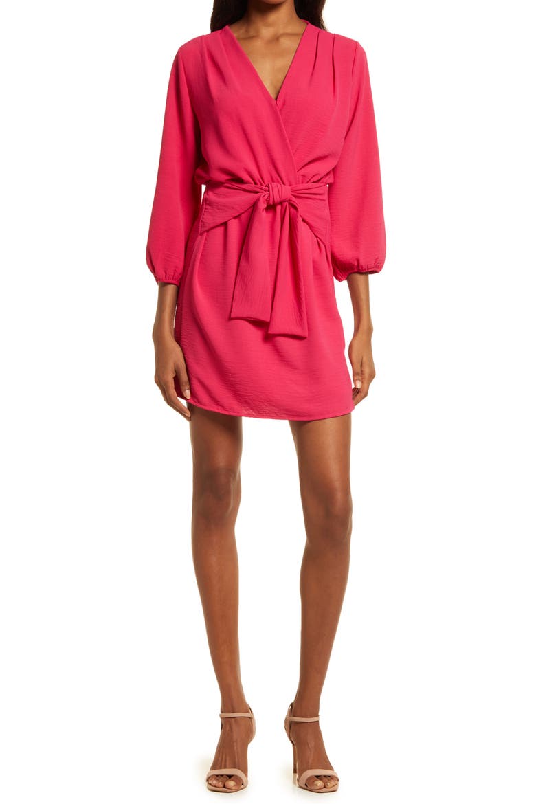 Long Sleeve Tie Front Dress, Main, color, CHERRY