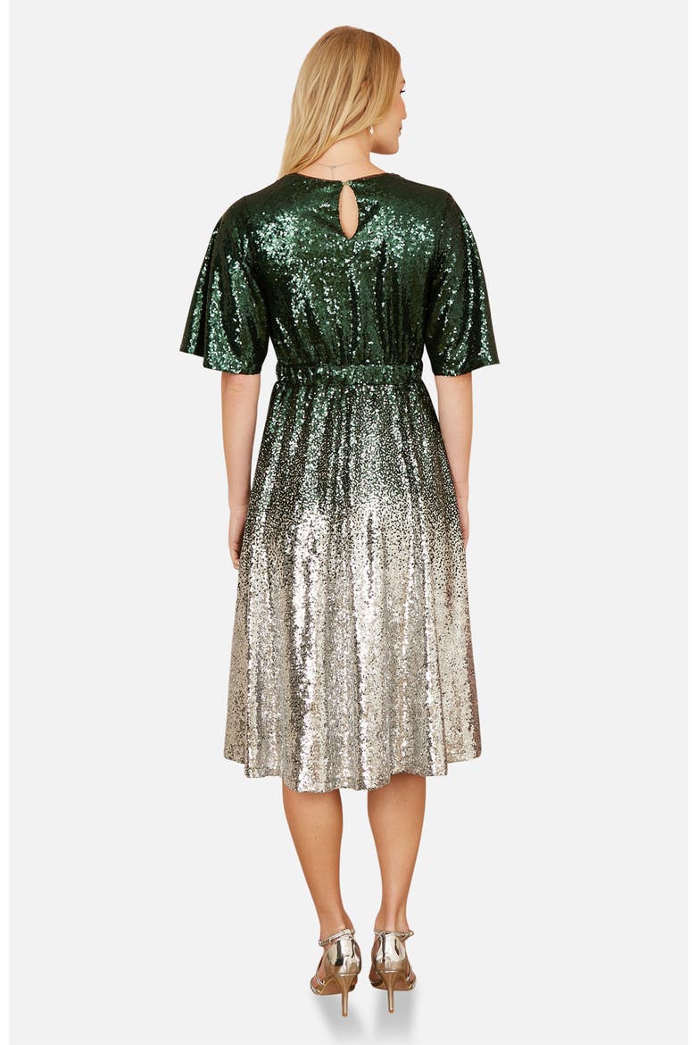 Ombre Sequin V-Neck Midi Dress, Alternate, color, Green