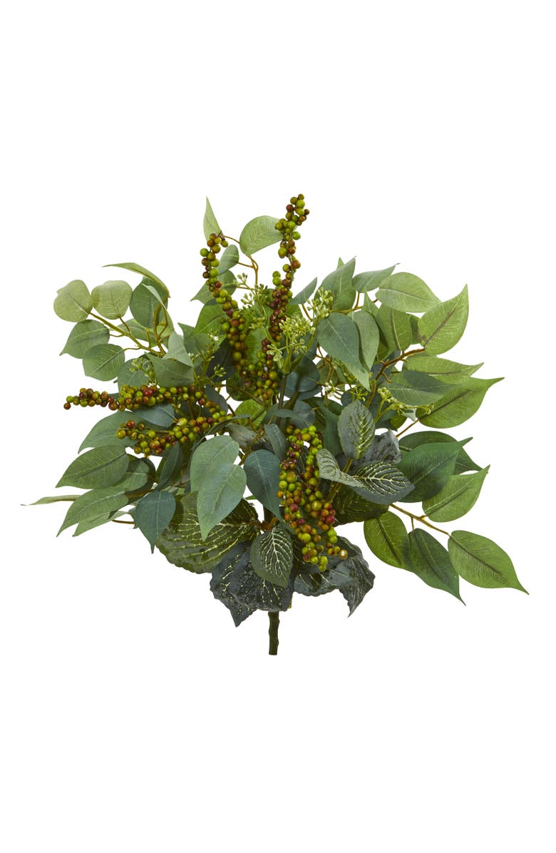 NEARLY NATURAL 14-in Mixed Ficus, Fittonia and Berries Bush Artificial Plant, Main, color, Green