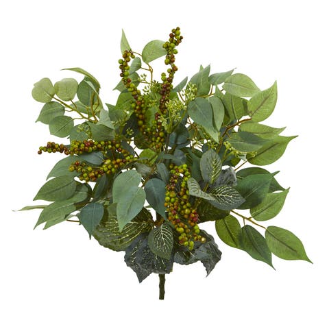 14-in Mixed Ficus, Fittonia and Berries Bush Artificial Plant (Set of 6)