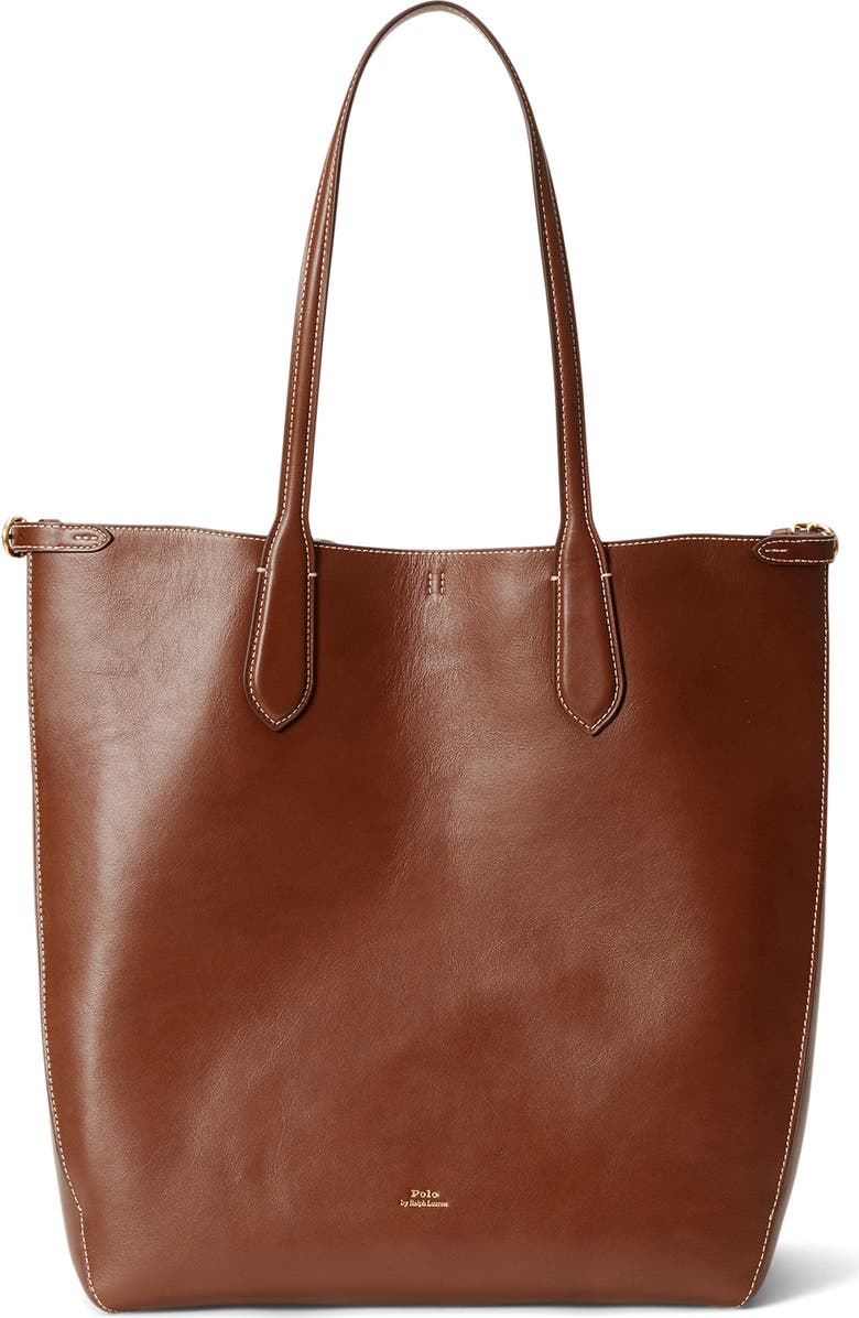 Polo Ralph Lauren Calfskin Leather Tote Bag, Main, color, Brown