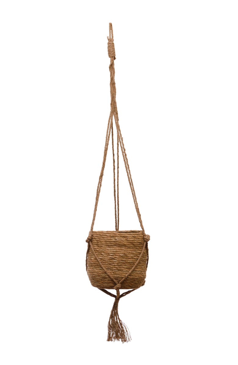 Storied Home Round Hanging Straw Planter with Long Jute Rope and Tassel, Main, color, 