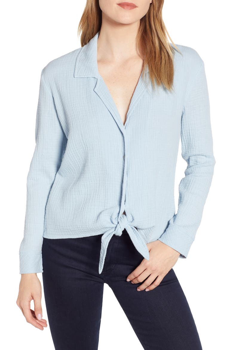 Button-Up Tie Front Top, Main, color, BLUEBELL