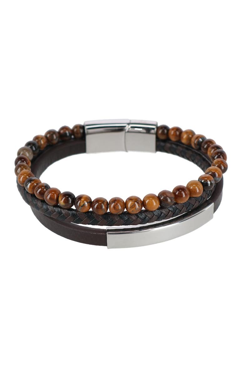 Beaded and Leather 3 Strand Bracelet, Main, color, Brown