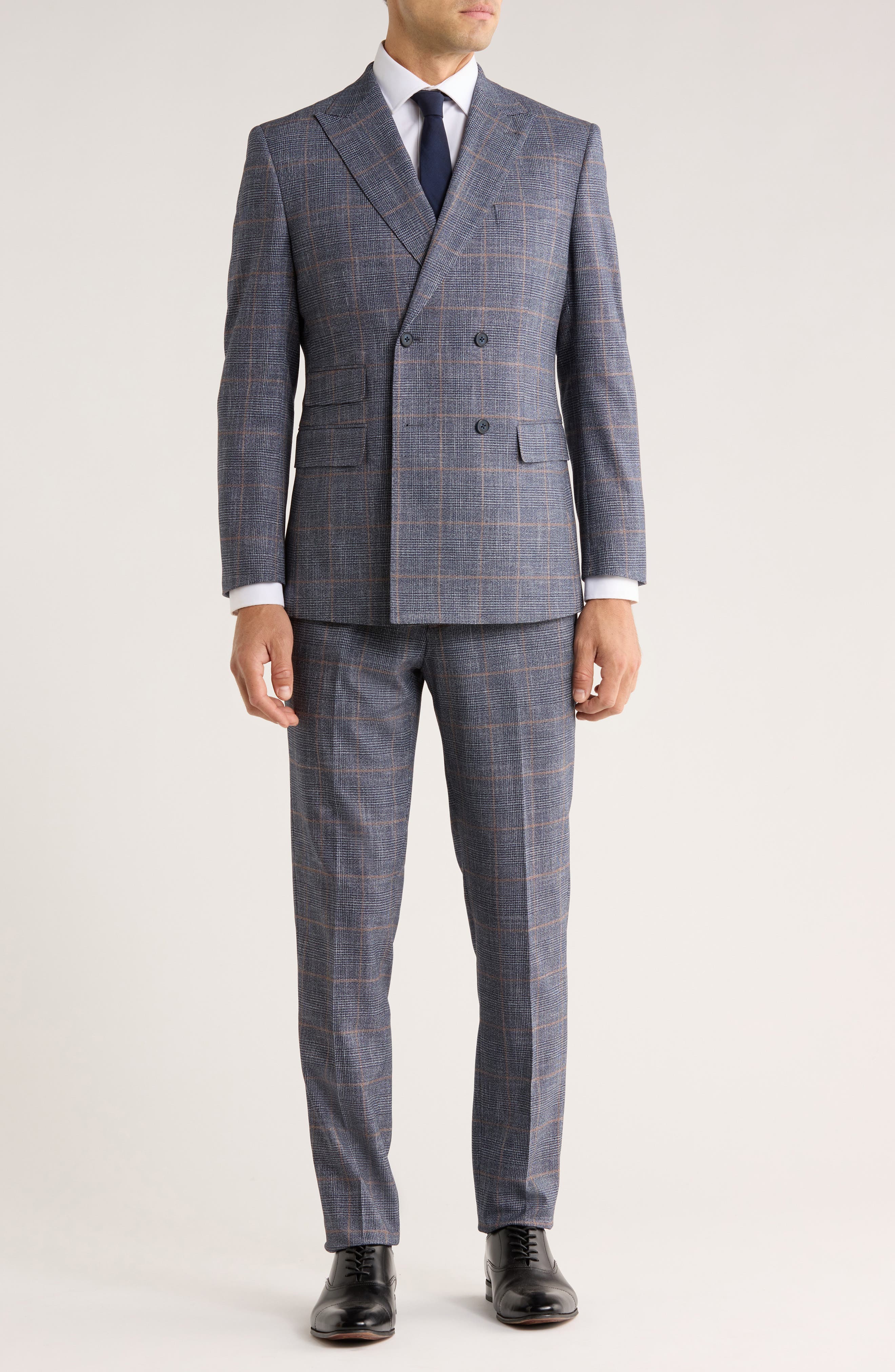 English Laundry Trim Fit Plaid Double Breasted Flat Front Suit