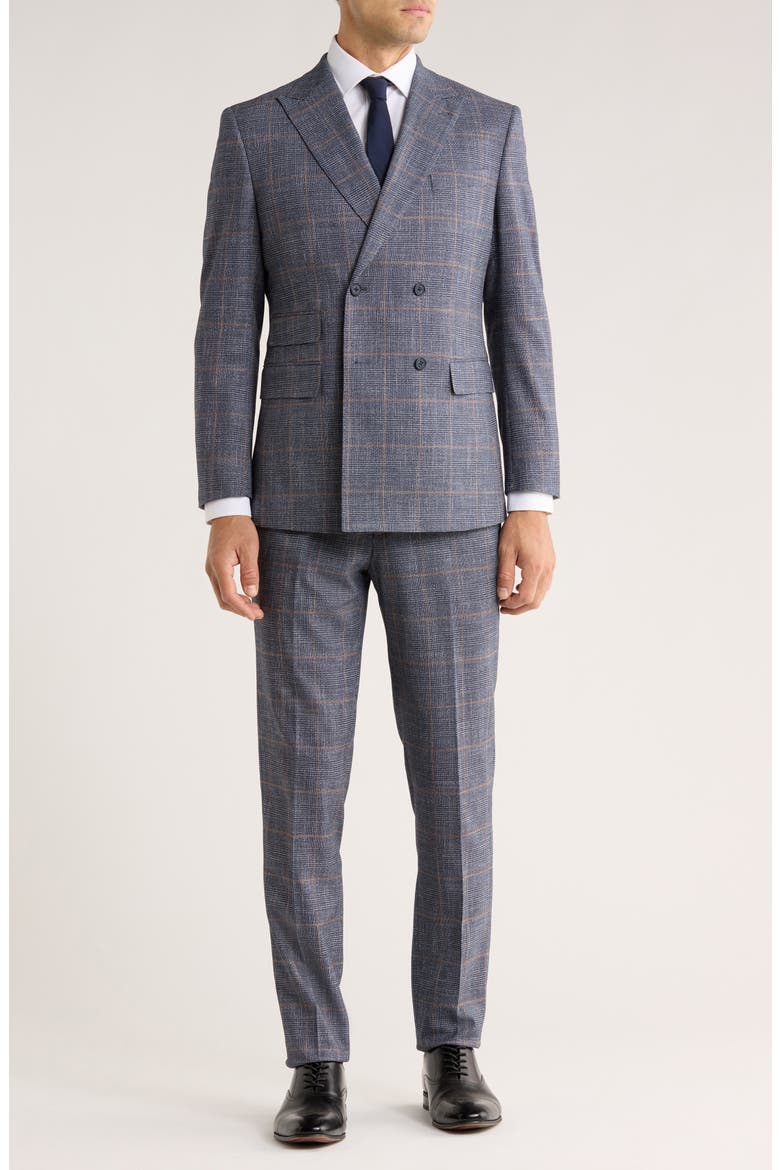 Trim Fit Plaid Double Breasted Flat Front Suit, Main, color, BLUE