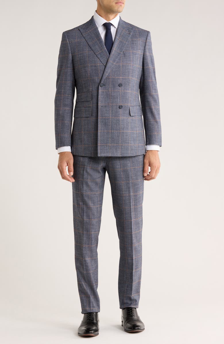 English Laundry Trim Fit Plaid Double Breasted Flat Front Suit, Main, color, Blue