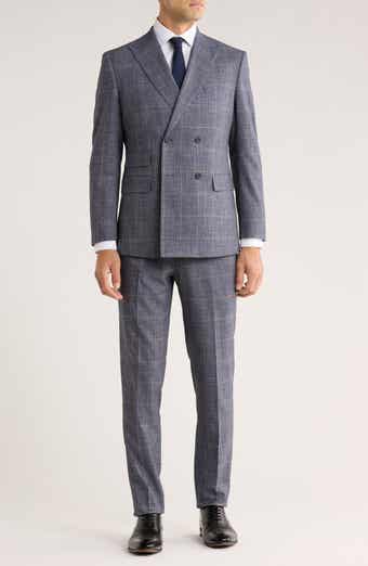 English Laundry Trim Fit Plaid Double Breasted Flat Front Suit