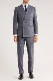 English Laundry Trim Fit Plaid Double Breasted Flat Front Suit