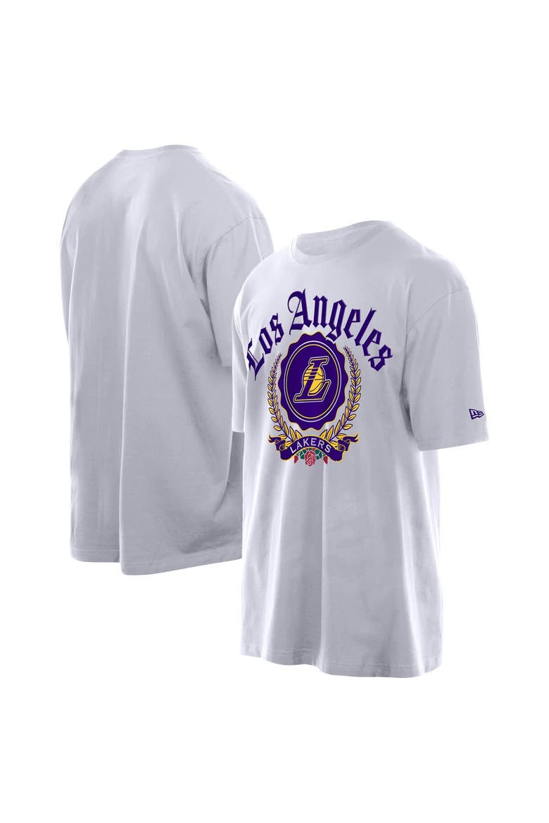 Men's New Era White Los Angeles Lakers Throwback Prep Oversized T-Shirt, Main, color, White