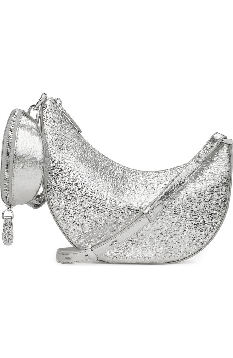 Kate Spade New York mini duo crinkle metallic leather crossbody bag, Main, color, Silver