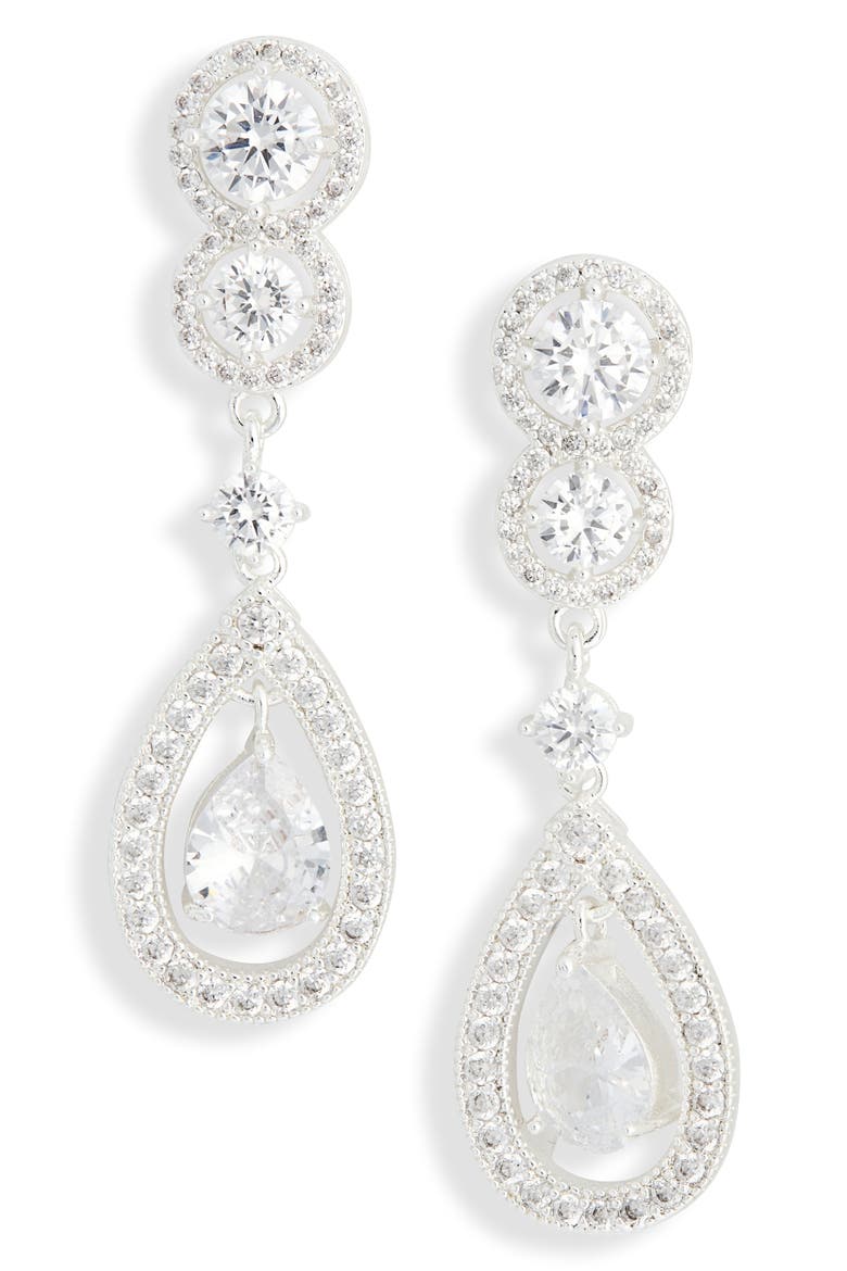 Cubic Zirconia Halo Teardrop Earrings, Main, color, CLEAR- SILVER