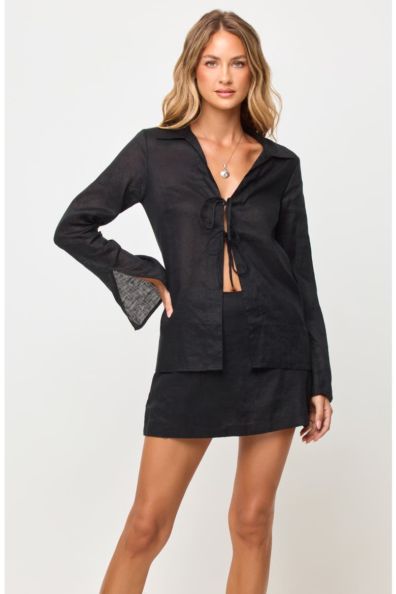 Venice Tie Front Linen Cover-Up Shirt, Alternate, color, BLACK