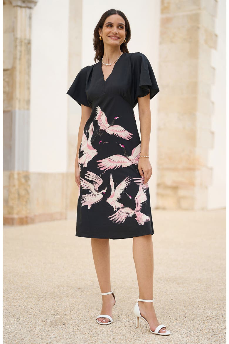 Crane Print Dress, Alternate, color, Black