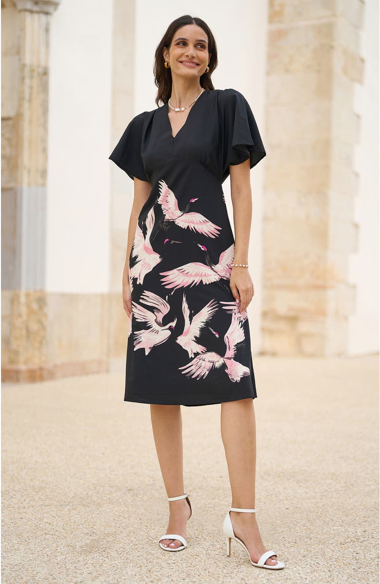 Yumi Crane Print Kimono Dress, Alternate, color, Black