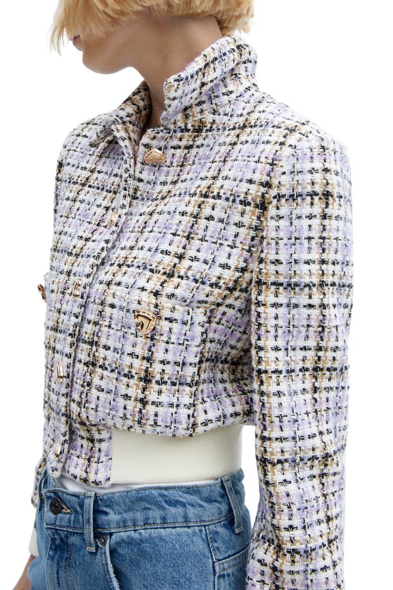 Plaid Tweed Crop Bomber Jacket, Alternate, color, LIGHT/ PASTEL PURPLE