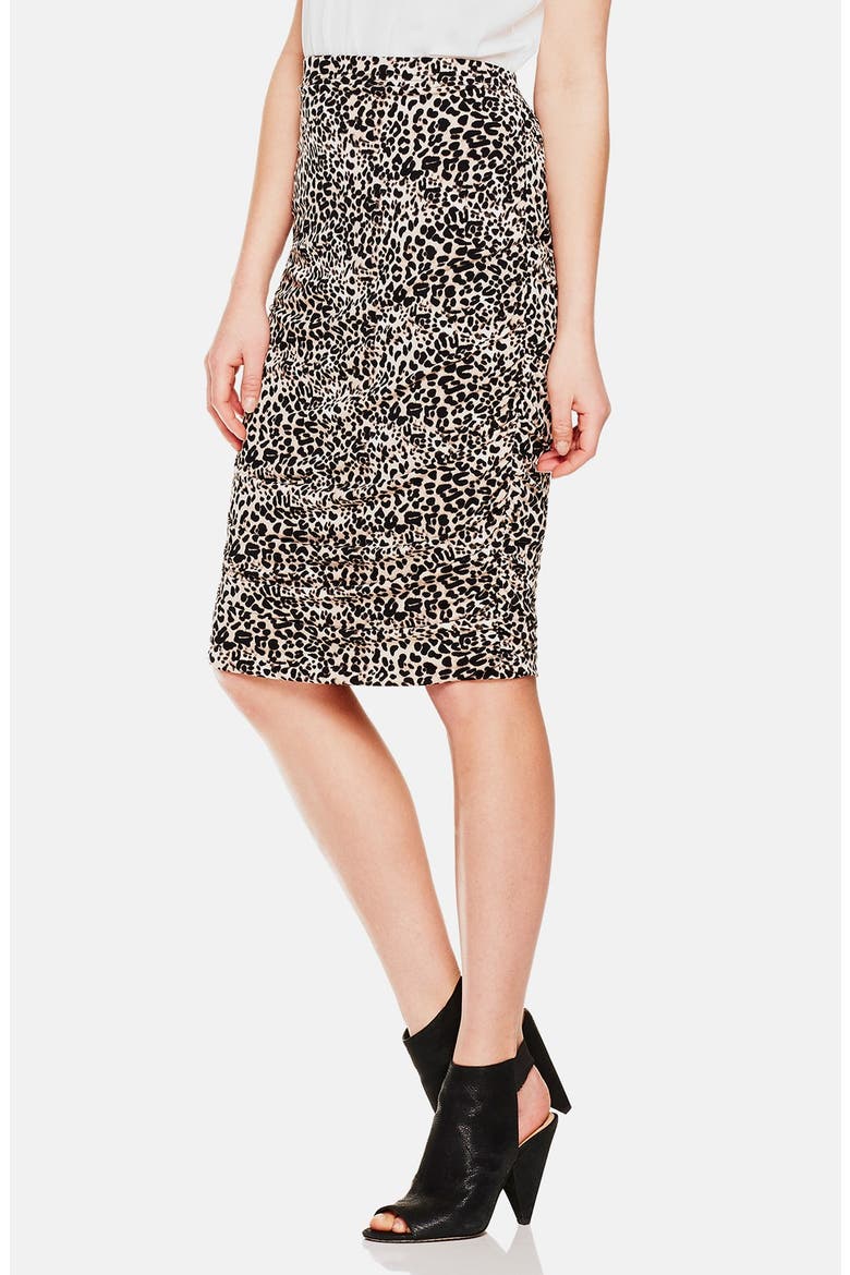 'Tribal Leopard' Ruched Midi Tube Skirt, Main, color, RICH BLACK