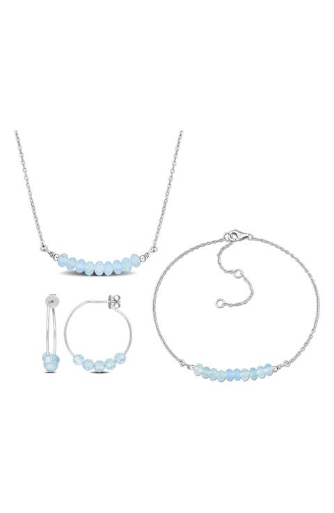 Beaded Aquamarine Hoop Earrings, Bracelet & Necklace Set