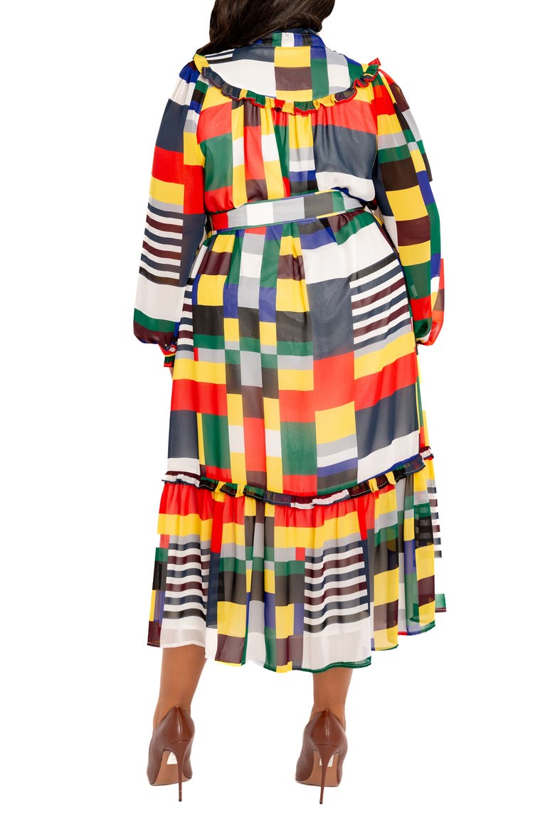 Plaid Ruffle Bib Belted Long Sleeve Maxi Dress, Alternate, color, WHITE/ MULTI-COLOR